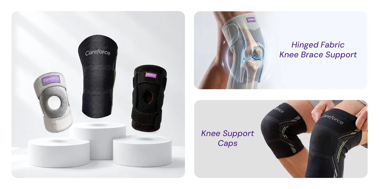 Three Careforce knee supports: an open-patella support, a knee sleeve and a strapped knee brace