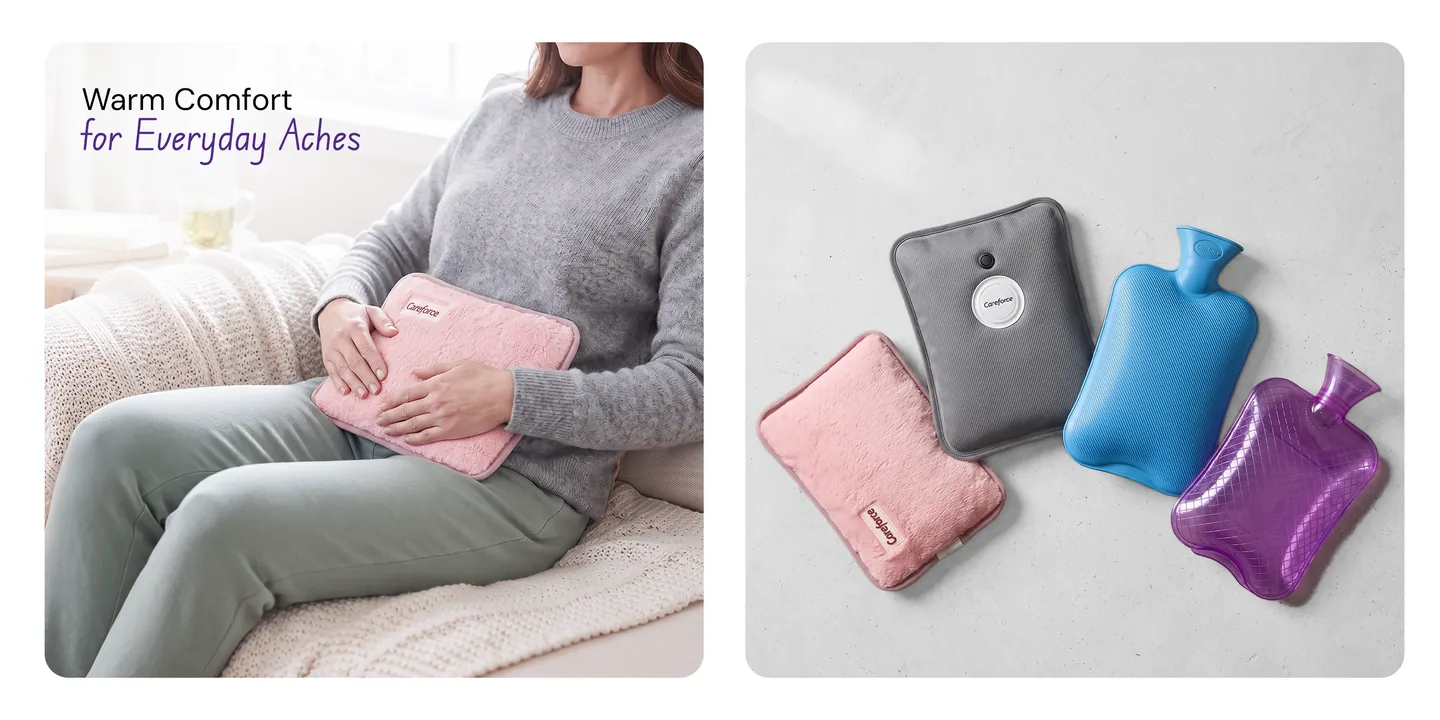 Warm Comfort for Everyday Aches: a woman resting on a sofa with a pink Careforce hot water bag