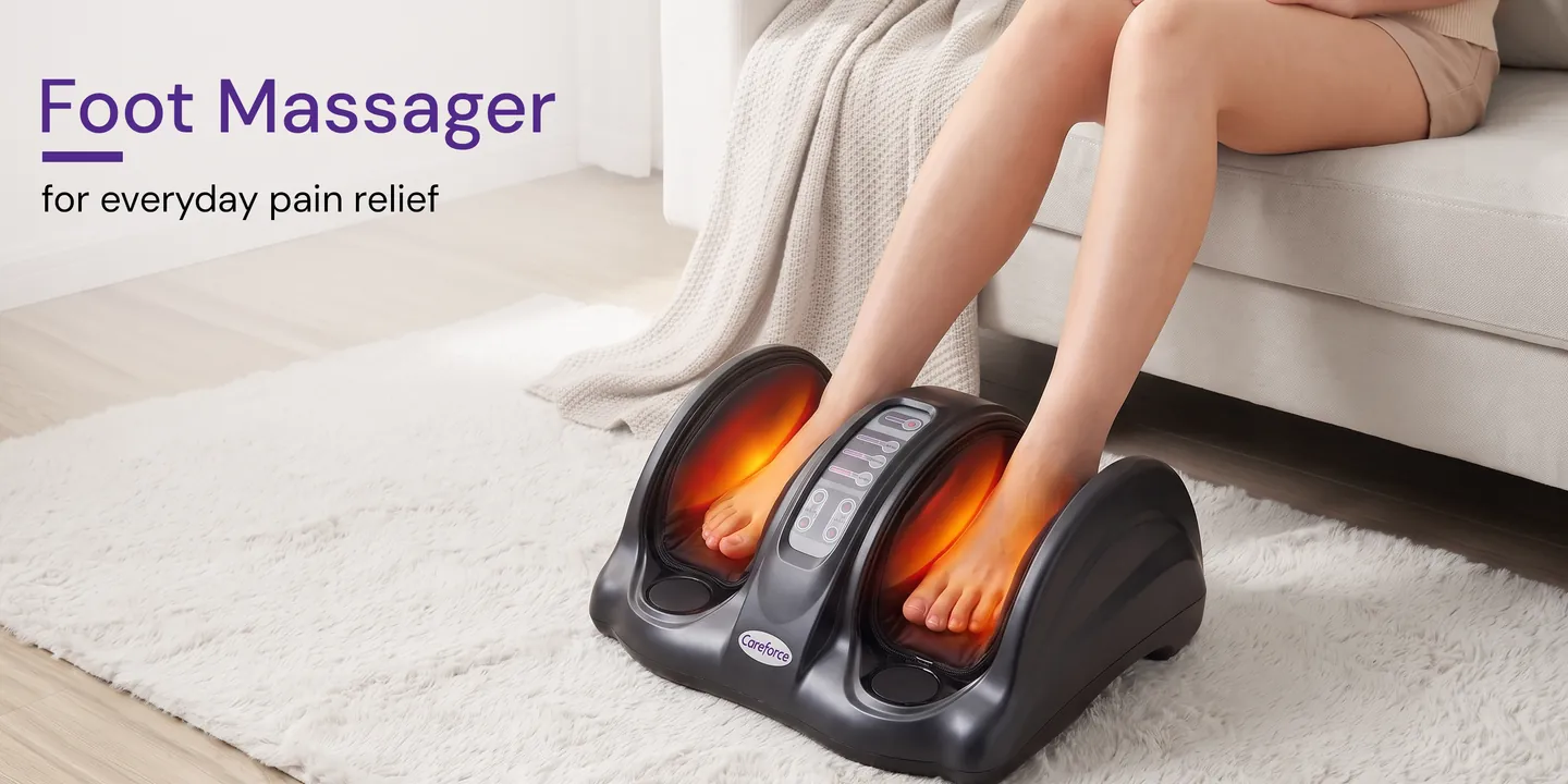 Foot Massager for everyday pain relief: a Careforce foot massager with heated chambers in use.