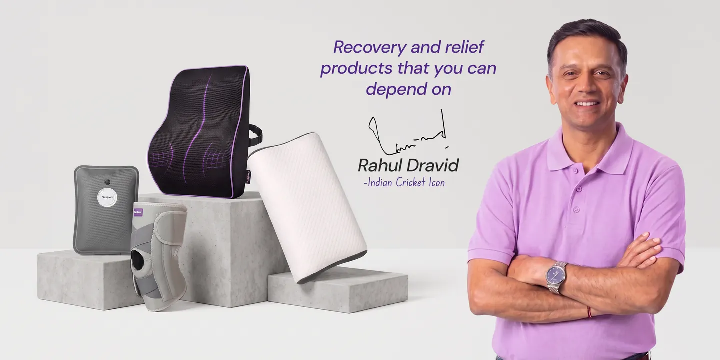Recovery and relief products that you can depend on. Rahul Dravid, Indian Cricket Icon, beside Careforce products: a hot water bag, knee brace, back cushion and pillow.